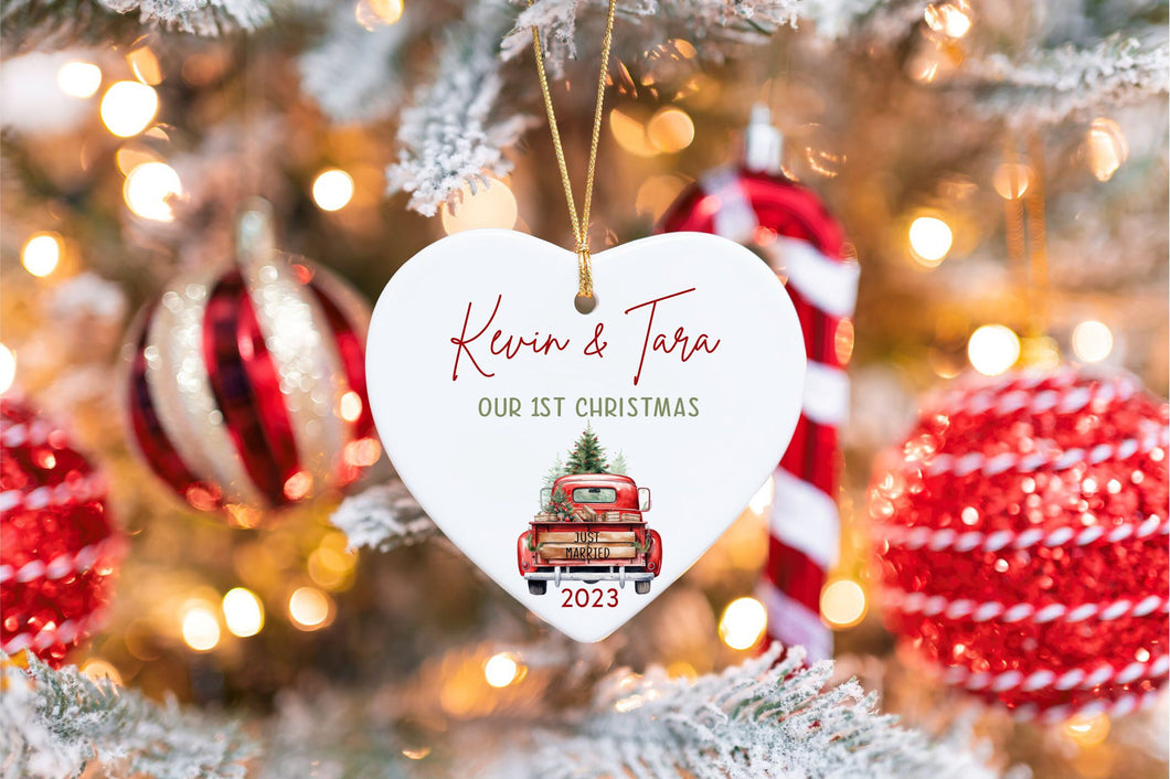 Couples 1st Christmas Heart Ornament - Personalized Just Married Ornament - Cute First Christmas Ornament- Personalized Christmas gift
