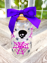 Load image into Gallery viewer, Halloween Iced Coffee Glass 16oz - Pumpkin, Ghost and Spooky Designs with Bamboo Lid and Straw - Perfect Halloween Gift or Cup
