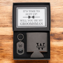 Load image into Gallery viewer, Personalized Groomsmen Proposal Gift Set | Custom Box, Koozie and Key chain for Best Man &amp; Groomsmen
