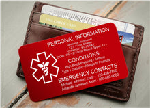 Load image into Gallery viewer, Personalized Medical ID card, Custom engraved emergency contact card for wallet, Metal medical alert ICE card for medic conditions

