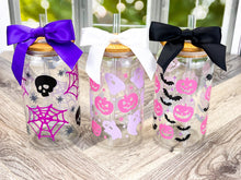Load image into Gallery viewer, Halloween Iced Coffee Glass 16oz - Pumpkin, Ghost and Spooky Designs with Bamboo Lid and Straw - Perfect Halloween Gift or Cup
