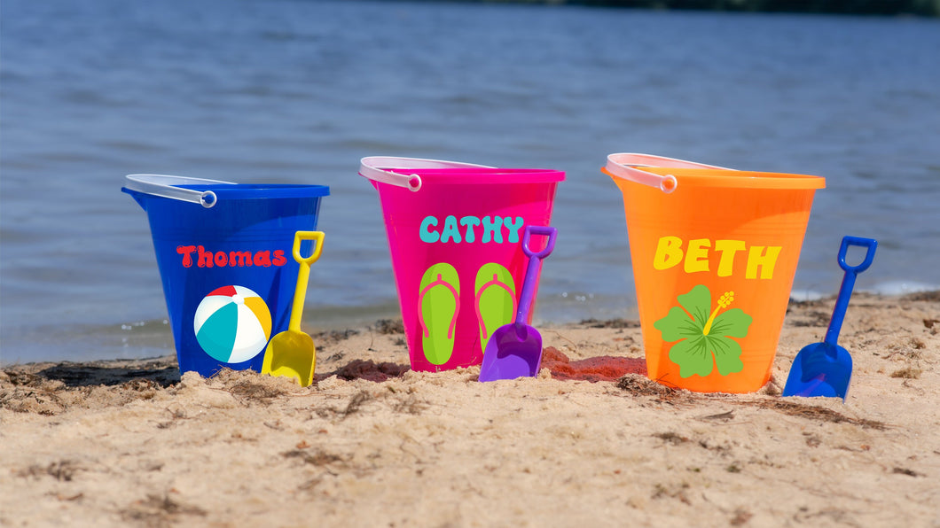 Personalized Beach Bucket for Kids, Custom Plastic Beach Pail and shovel with name and symbol, Gift for kids, beach trip, Vacation toys