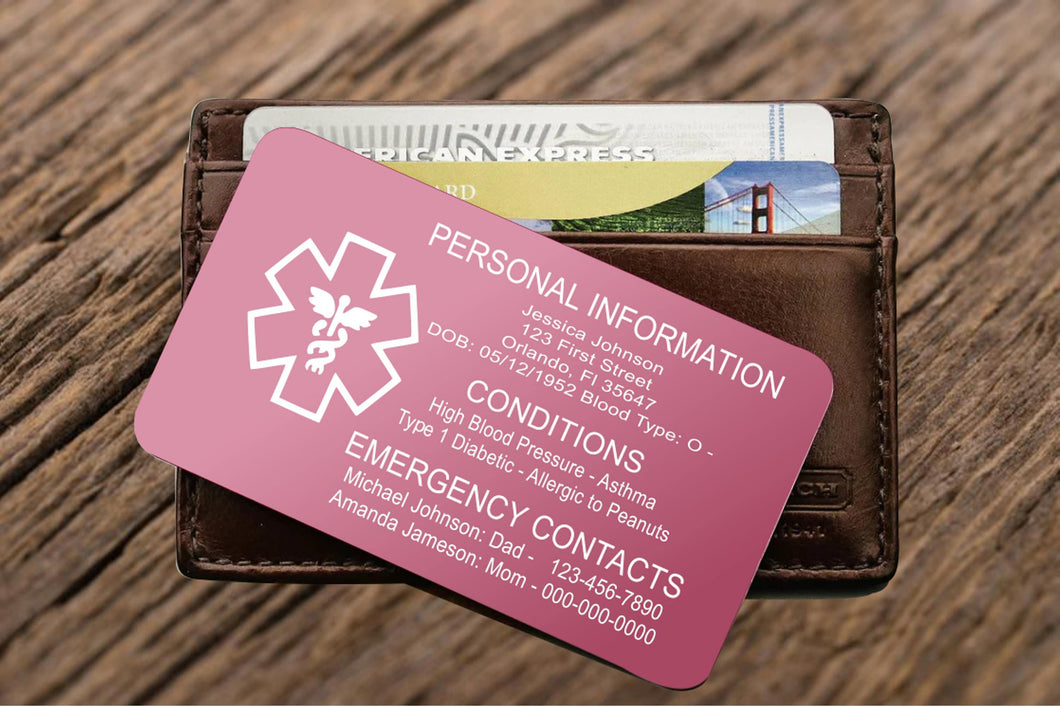 Personalized Medical ID card, Custom engraved emergency contact card for wallet, Metal medical alert ICE card for medic conditions