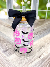 Load image into Gallery viewer, Halloween Iced Coffee Glass 16oz - Pumpkin, Ghost and Spooky Designs with Bamboo Lid and Straw - Perfect Halloween Gift or Cup
