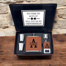 Load image into Gallery viewer, Groomsmen Proposal Gift Set, Custom Flask &amp; Keychain Box for Best Man, Ushers and Groomsmen

