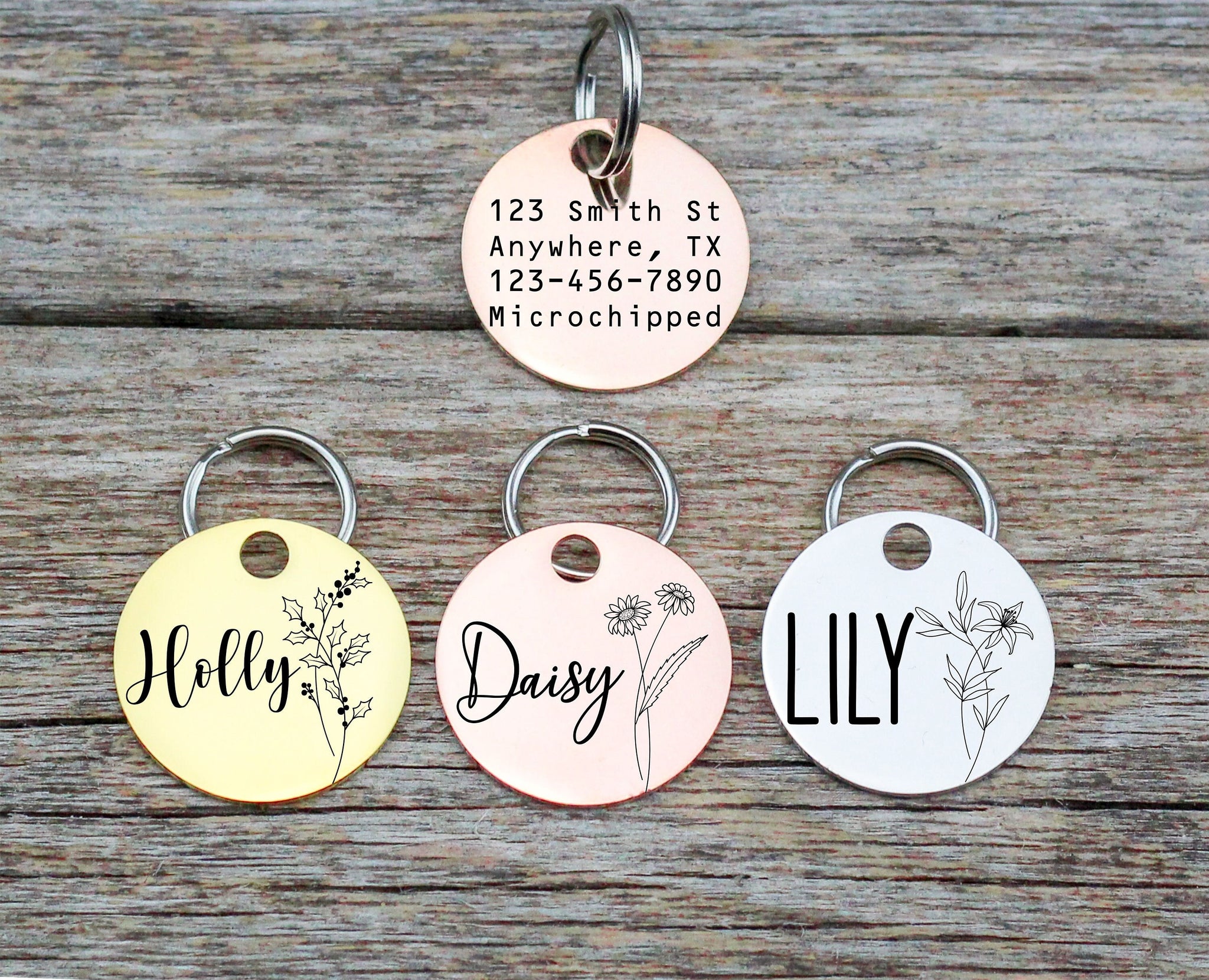 Rose Floral Ring Custom Engraved Metal Pet Tag Ring Pet Tag Dog